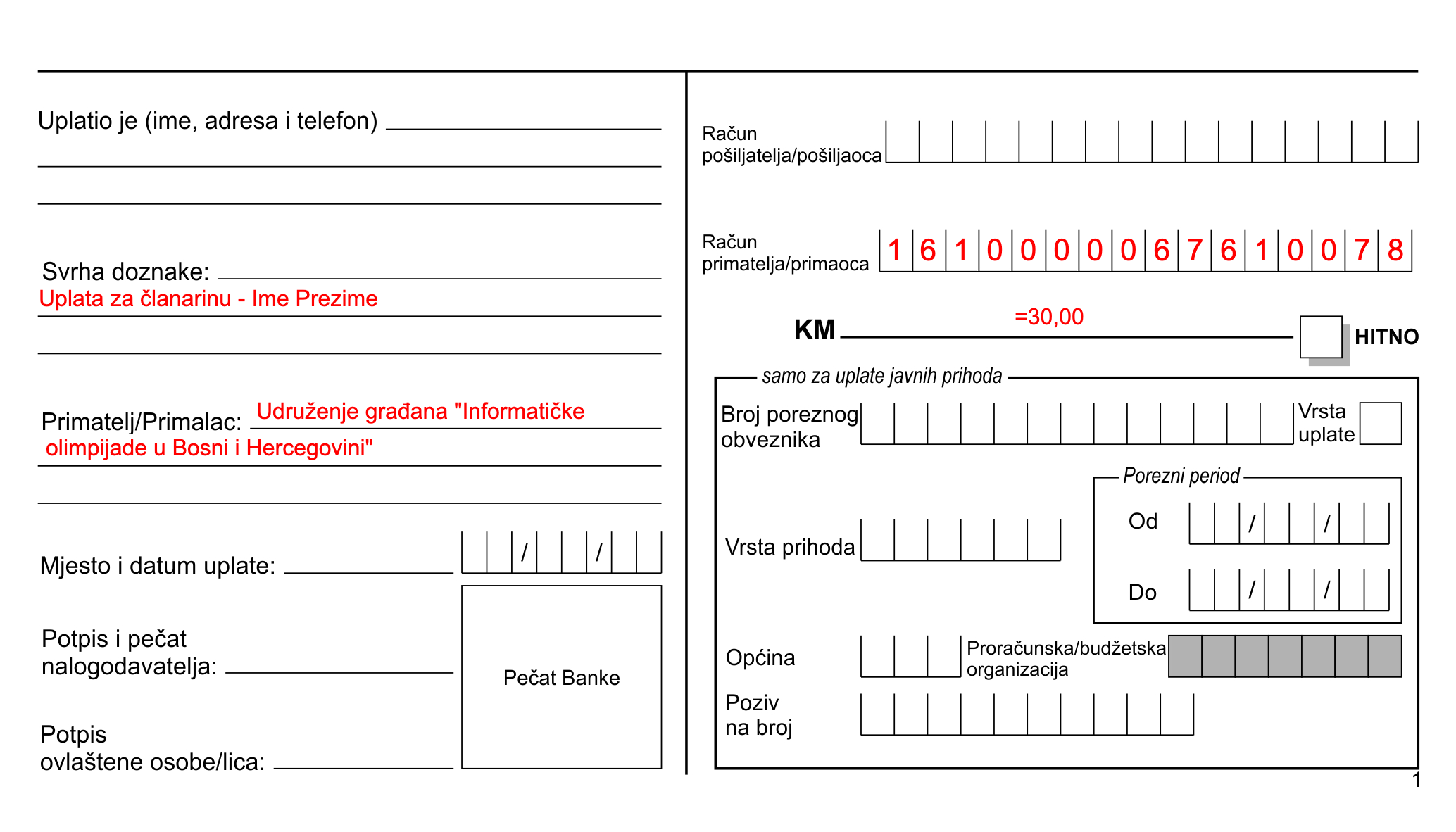 Primjer popunjene uplatnice